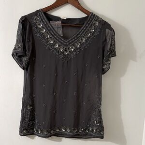 Sundance Sheer Sequin and Beads Short Sleeve V Neck Blouse Size S